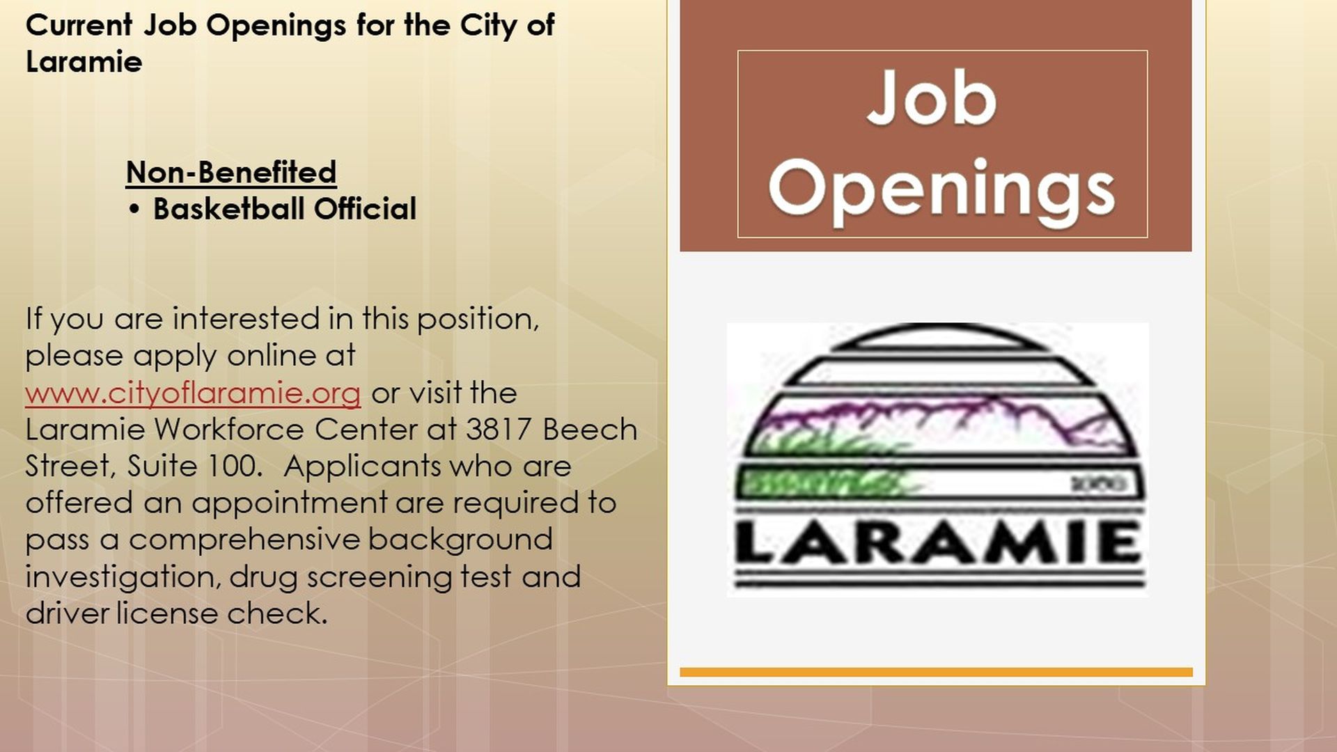 Job Openings at City of Laramie: Non-benefited BasketBall Official